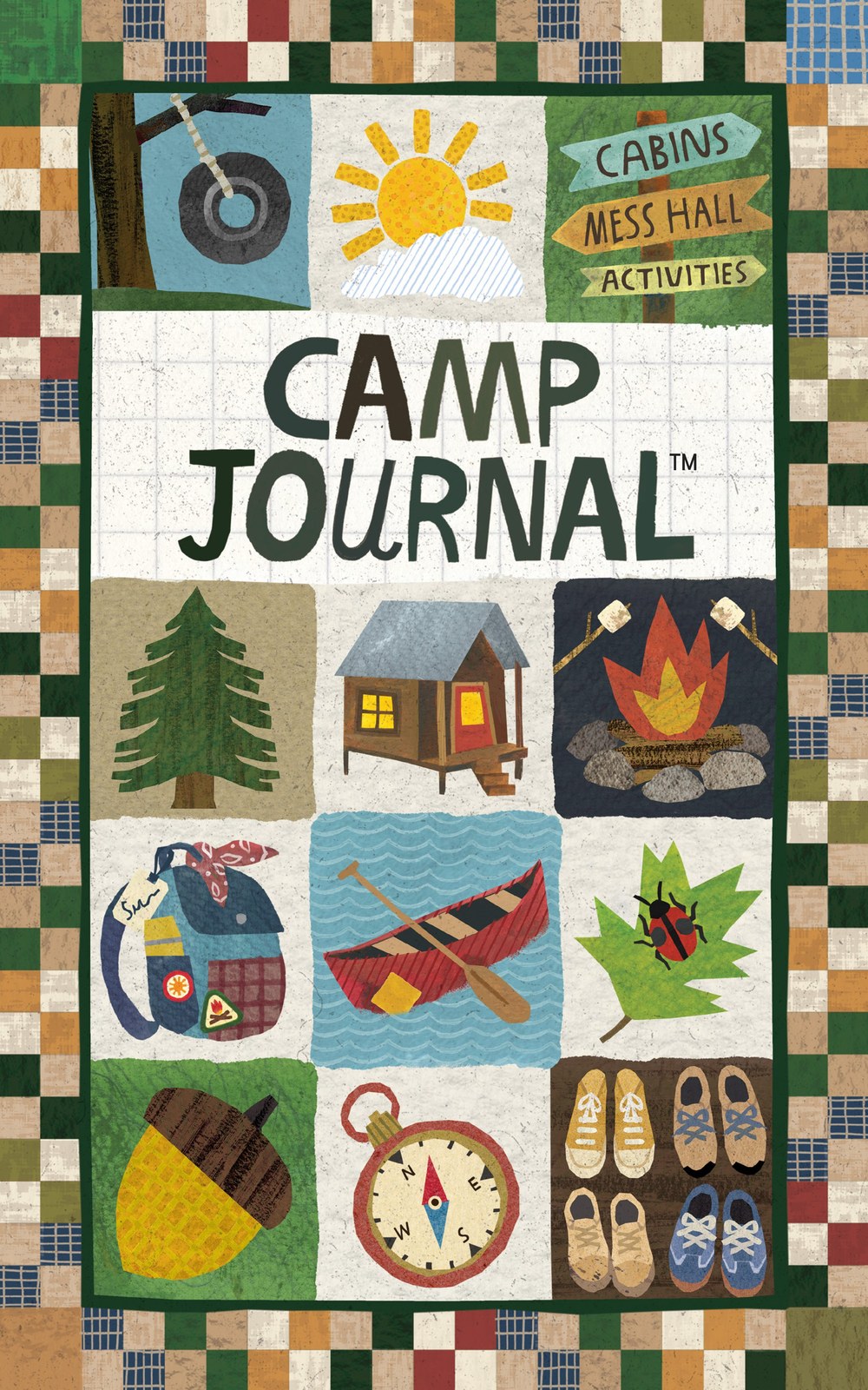 Camp Journal cover — guided keepsake journal for kids at residential summer camp, with quilt-bordered design and hand-drawn illustrations
